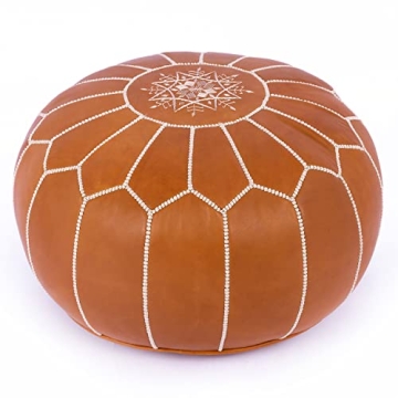 Marrakesh Gallery Genuine Leather Round Pouf - Unstuffed Moroccan Ottoman Footstool in Yellow