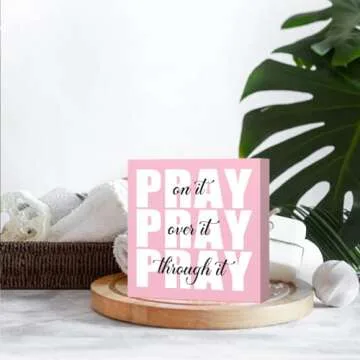 Krollma Pink Office Desk Accessories Decor Sign, Pink Dorm Room Decor for Women, Pink Bathroom Decor, Inspirational Christian Gifts for Women Boss, Pray on it Wooden Sign Bible Verse Wall Art Decor