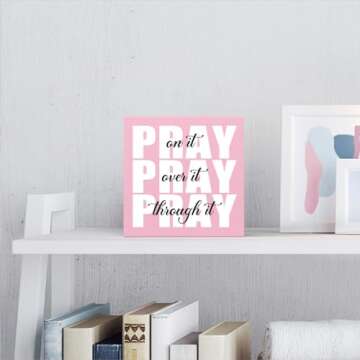 Krollma Pink Office Desk Accessories Decor Sign, Pink Dorm Room Decor for Women, Pink Bathroom Decor, Inspirational Christian Gifts for Women Boss, Pray on it Wooden Sign Bible Verse Wall Art Decor