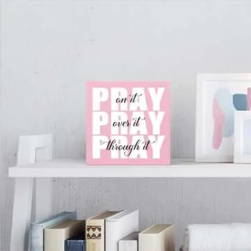 Krollma Pink Office Desk Accessories Decor Sign, Pink Dorm Room Decor for Women, Pink Bathroom Decor, Inspirational Christian Gifts for Women Boss, Pray on it Wooden Sign Bible Verse Wall Art Decor