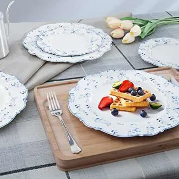 fanquare 8" Dessert Plates, Porcelain Kitchen Plates Set, White Ceramic Salad Plates, Small Dinner Plates, Blue Leaves