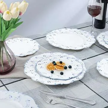 fanquare 8" Dessert Plates, Porcelain Kitchen Plates Set, White Ceramic Salad Plates, Small Dinner Plates, Blue Leaves