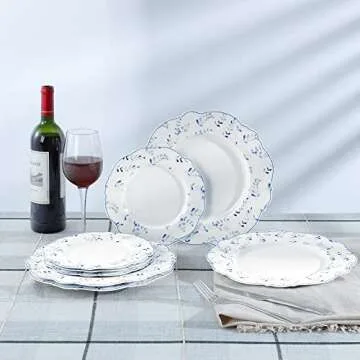 fanquare 8" Dessert Plates, Porcelain Kitchen Plates Set, White Ceramic Salad Plates, Small Dinner Plates, Blue Leaves
