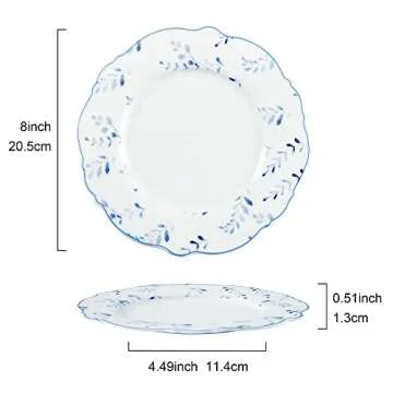 fanquare 8" Dessert Plates, Porcelain Kitchen Plates Set, White Ceramic Salad Plates, Small Dinner Plates, Blue Leaves