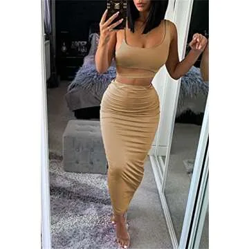 PRIMODA Women's Sexy Asymmetrical Spaghetti Strap Dress Square Neck Sleeveless Bodycon Midi Club Dress(Khaki L)