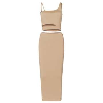 PRIMODA Women's Sexy Asymmetrical Spaghetti Strap Dress Square Neck Sleeveless Bodycon Midi Club Dress(Khaki L)