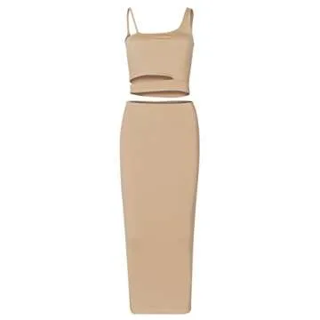 PRIMODA Women's Sexy Asymmetrical Spaghetti Strap Dress Square Neck Sleeveless Bodycon Midi Club Dress(Khaki L)