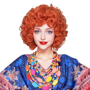 FantaLook Curly Orange Red Cosplay Wig with Necklace Earrings and Sunglasses for Women Halloween Cos...