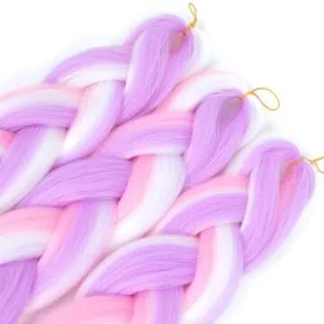 Jumbo Braiding Hair Extensions Hight Quality Bubble Braids Hair Extensions 24inch Colored Braiding Hair Pre Stretched Soft Pink Hair for Braids 3PCS(Purple-Pink-White)