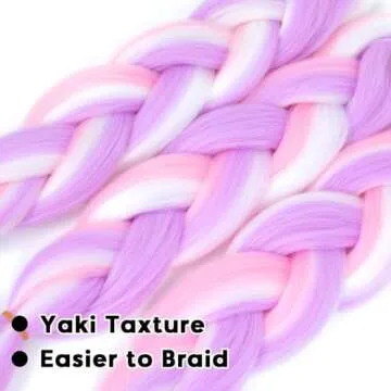 Jumbo Braiding Hair Extensions Hight Quality Bubble Braids Hair Extensions 24inch Colored Braiding Hair Pre Stretched Soft Pink Hair for Braids 3PCS(Purple-Pink-White)