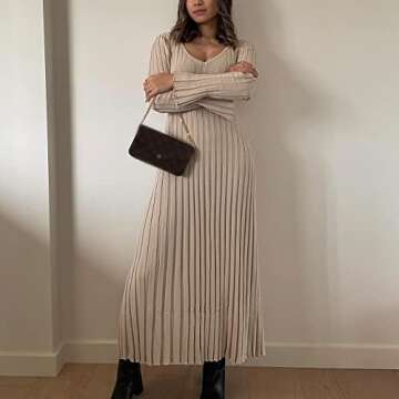 SOOKABEILA Women's Sexy Long Maxi Dress V Neck Backless Slim Fit Pencil Long Dress Bodycon Party Clubwear Dresses (G-Beige V Neck Knit,L)