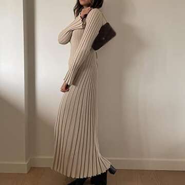 SOOKABEILA Women's Sexy Long Maxi Dress V Neck Backless Slim Fit Pencil Long Dress Bodycon Party Clubwear Dresses (G-Beige V Neck Knit,L)