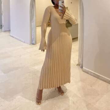 SOOKABEILA Women's Sexy Long Maxi Dress V Neck Backless Slim Fit Pencil Long Dress Bodycon Party Clubwear Dresses (G-Beige V Neck Knit,L)