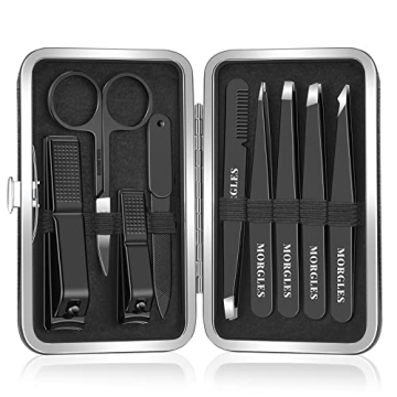 MORGLES Tweezers Set and Nail Clippers, 9 Pcs Stainless Steel Tweezers Kit for Men Professional Mani...
