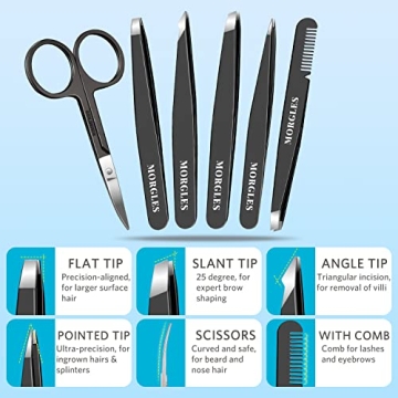 MORGLES Tweezers Set with Clippers 9 Pcs Stainless Steel Grooming Kit