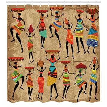 Ambesonne African Shower Curtain, Woman Silhouettes with Traditional Clothes Carrying Bowls on Head,...