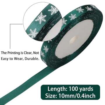 4 Rolls 100 Yards Christmas Snowflake Ribbons for Gift Wrapping, 10mm Wide Red and Green Satin Ribbo...