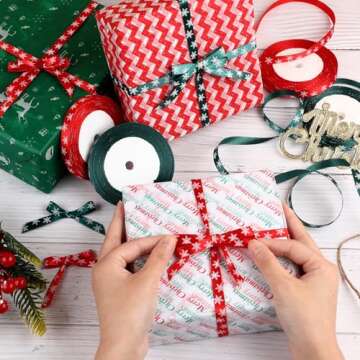 4 Rolls 100 Yards Christmas Snowflake Ribbons for Gift Wrapping, 10mm Wide Red and Green Satin Ribbon for Festival Holiday Party Decorations DIY Crafts