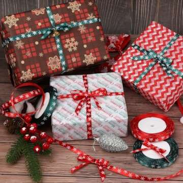 4 Rolls 100 Yards Christmas Snowflake Ribbons for Gift Wrapping, 10mm Wide Red and Green Satin Ribbon for Festival Holiday Party Decorations DIY Crafts