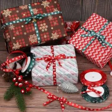 4 Rolls 100 Yards Christmas Snowflake Ribbons for Gift Wrapping, 10mm Wide Red and Green Satin Ribbon for Festival Holiday Party Decorations DIY Crafts