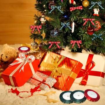 4 Rolls 100 Yards Christmas Snowflake Ribbons for Gift Wrapping, 10mm Wide Red and Green Satin Ribbon for Festival Holiday Party Decorations DIY Crafts