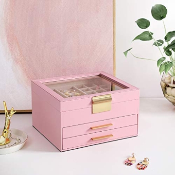 Elegant SONGMICS Jewelry Box with Glass Lid and 19 Compartments for Organizing