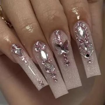 HNUIX Nail Rhinestones - 3D Multi Shape Size Crystal, Light Pink Nail Gems, Flat Back, with Kit, for Nail Art, DIY Decorations