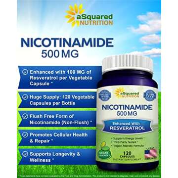 aSquared Nutrition Nicotinamide with Resveratrol - 120 Veggie Capsules - Vitamin B3 500mg (Niacinami...
