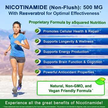 aSquared Nutrition Nicotinamide with Resveratrol - 120 Veggie Capsules - Vitamin B3 500mg (Niacinamide Flush Free) - Supplement Pills to Support NAD, Skin Cell Health & Energy