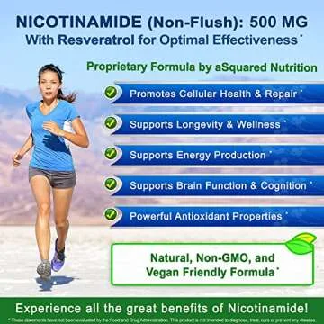 aSquared Nutrition Nicotinamide with Resveratrol - 120 Veggie Capsules - Vitamin B3 500mg (Niacinamide Flush Free) - Supplement Pills to Support NAD, Skin Cell Health & Energy