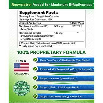 aSquared Nutrition Nicotinamide with Resveratrol - 120 Veggie Capsules - Vitamin B3 500mg (Niacinamide Flush Free) - Supplement Pills to Support NAD, Skin Cell Health & Energy