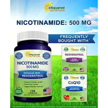 aSquared Nutrition Nicotinamide with Resveratrol - 120 Veggie Capsules - Vitamin B3 500mg (Niacinamide Flush Free) - Supplement Pills to Support NAD, Skin Cell Health & Energy
