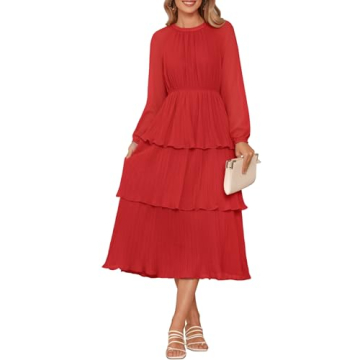 ZESICA Women's Long Sleeve Crew Neck Ruffle Tiered Layered Chiffon Flowy Swing Long Midi Dress,Watermelon,Large