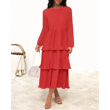 ZESICA Women's Long Sleeve Crew Neck Ruffle Tiered Layered Chiffon Flowy Swing Long Midi Dress,Watermelon,Large