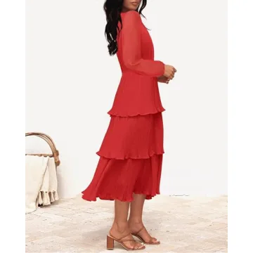ZESICA Women's Long Sleeve Crew Neck Ruffle Tiered Layered Chiffon Flowy Swing Long Midi Dress,Watermelon,Large