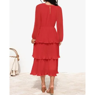 ZESICA Women's Long Sleeve Crew Neck Ruffle Tiered Layered Chiffon Flowy Swing Long Midi Dress,Watermelon,Large