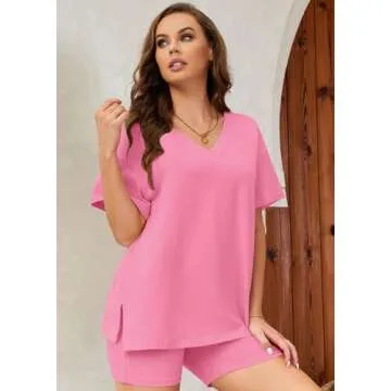 socialkiwi Womens Pajamas 2 Piece Lounge Sets Oversized T-Shirts Tops Biker Shorts Set Workout Tracksuit Reversible Loungewear Casual S-3XL Hot Pink