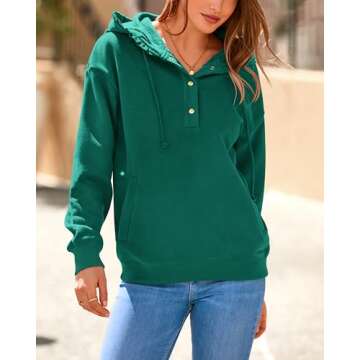 PRETTYGARDEN Women Sweatshirts 2024 Cotton Long Sleeve Button Drawstring Ruffle Trim Hoodies Fall Pullover With Pockets