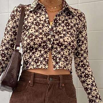 Vintage Floral Print Crop Top Shirt Y2K Cardigan Long Sleeve Collared Button Down T Shirt Blouse E Girl Streetwear (Brown Floral, Small)