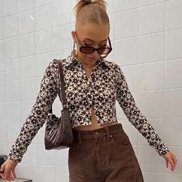 Vintage Floral Print Crop Top Shirt Y2K Cardigan Long Sleeve Collared Button Down T Shirt Blouse E Girl Streetwear (Brown Floral, Small)