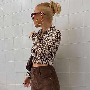 Vintage Floral Print Crop Top Shirt Y2K Cardigan Long Sleeve Collared Button Down T Shirt Blouse E Girl Streetwear (Brown Floral, Small)