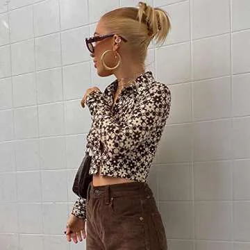 Vintage Floral Print Crop Top Shirt Y2K Cardigan Long Sleeve Collared Button Down T Shirt Blouse E Girl Streetwear (Brown Floral, Small)