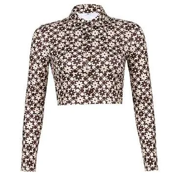 Vintage Floral Print Crop Top Shirt Y2K Cardigan Long Sleeve Collared Button Down T Shirt Blouse E Girl Streetwear (Brown Floral, Small)