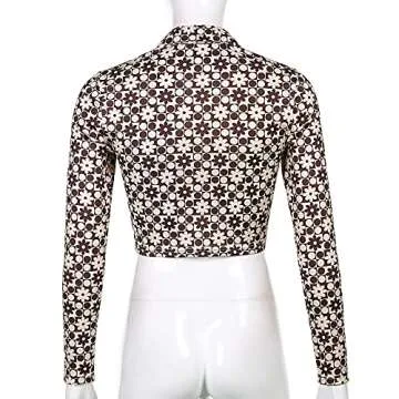 Vintage Floral Print Crop Top Shirt Y2K Cardigan Long Sleeve Collared Button Down T Shirt Blouse E Girl Streetwear (Brown Floral, Small)