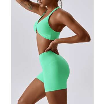 ABOCIW Workout Sets for Women 2 Piece Yoga Outfits Twist Front Halter Sports Bras Tummy Control High Waist Booty Biker Shorts Exercise Gym Sets for Women Green Medium
