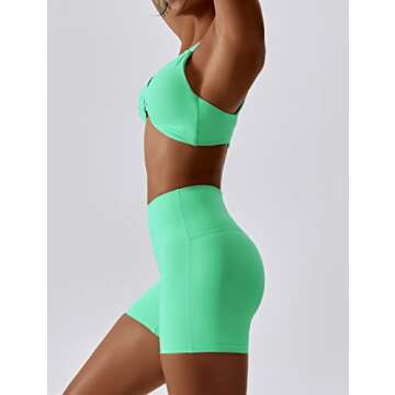 ABOCIW Workout Sets for Women 2 Piece Yoga Outfits Twist Front Halter Sports Bras Tummy Control High Waist Booty Biker Shorts Exercise Gym Sets for Women Green Medium