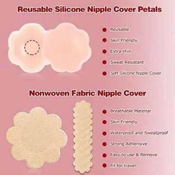 BEWTEIM Boob Tape for Large Breasts Roll 4 inch, Boobytape for Breast Lift Plus Size D-G Cup, Push Up Tape Breast Lifting w 1 Pair Silicon Nipple Covers 5 Pairs Satin Brestals Brown
