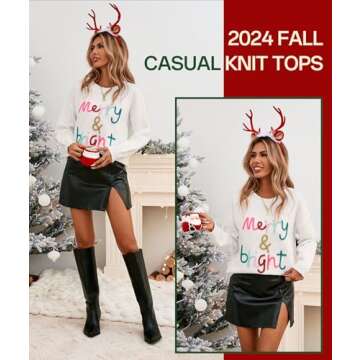 MARZXIN Women 2024 Casual Holiday Sweaters Long Sleeve Round Neck Cable Knit Pullover Top Snow White...