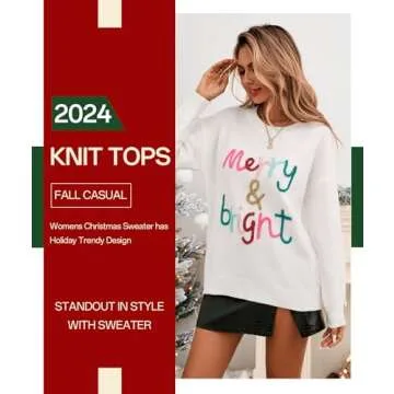 MARZXIN Women 2024 Casual Holiday Sweaters Long Sleeve Round Neck Cable Knit Pullover Top Snow White Merry Bright S