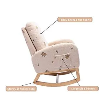 Setawix Rocking Chair for Nursery, Midcentury Modern Accent Rocker Armchair with Side Pocket, Upholstered High Back Wooden Rocking Chair for Living Room Baby Room Bedroom（Beige Bear）